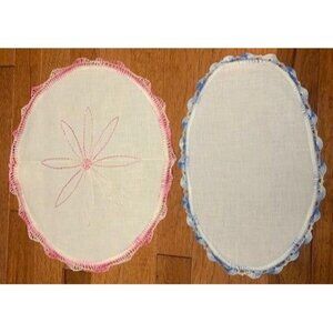 Vintage Crocheted Linen Doily Set Pink & Blue Edging 8.5"x13" & 12.5"